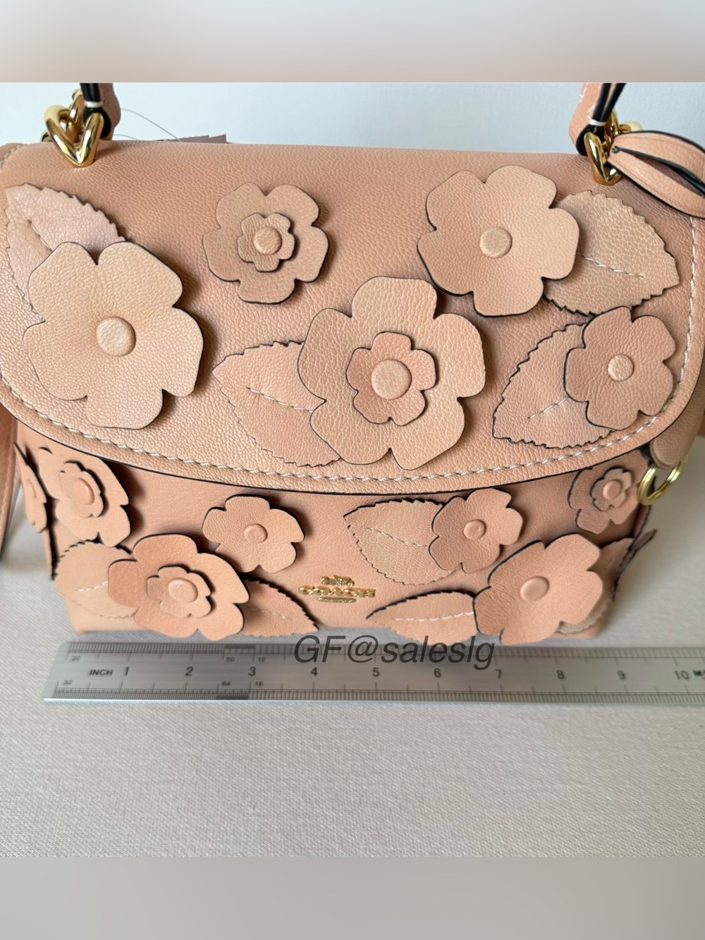 NWT Coach Emory Floral Appliqué Top Handle Bag Leather Crossbody Gold/Light Pink - Picture 10 of 12